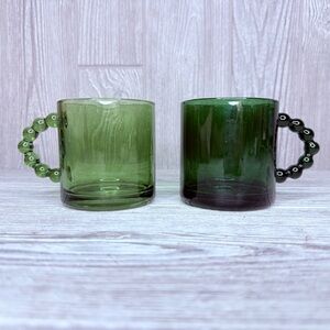 Green vintage style glass cups / mugs with bubble handles some paint chips